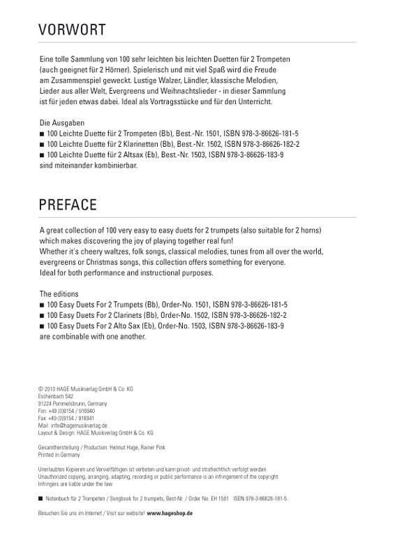Beispielinhalt (Bild) 100 leichte Duette für 2 Trompeten