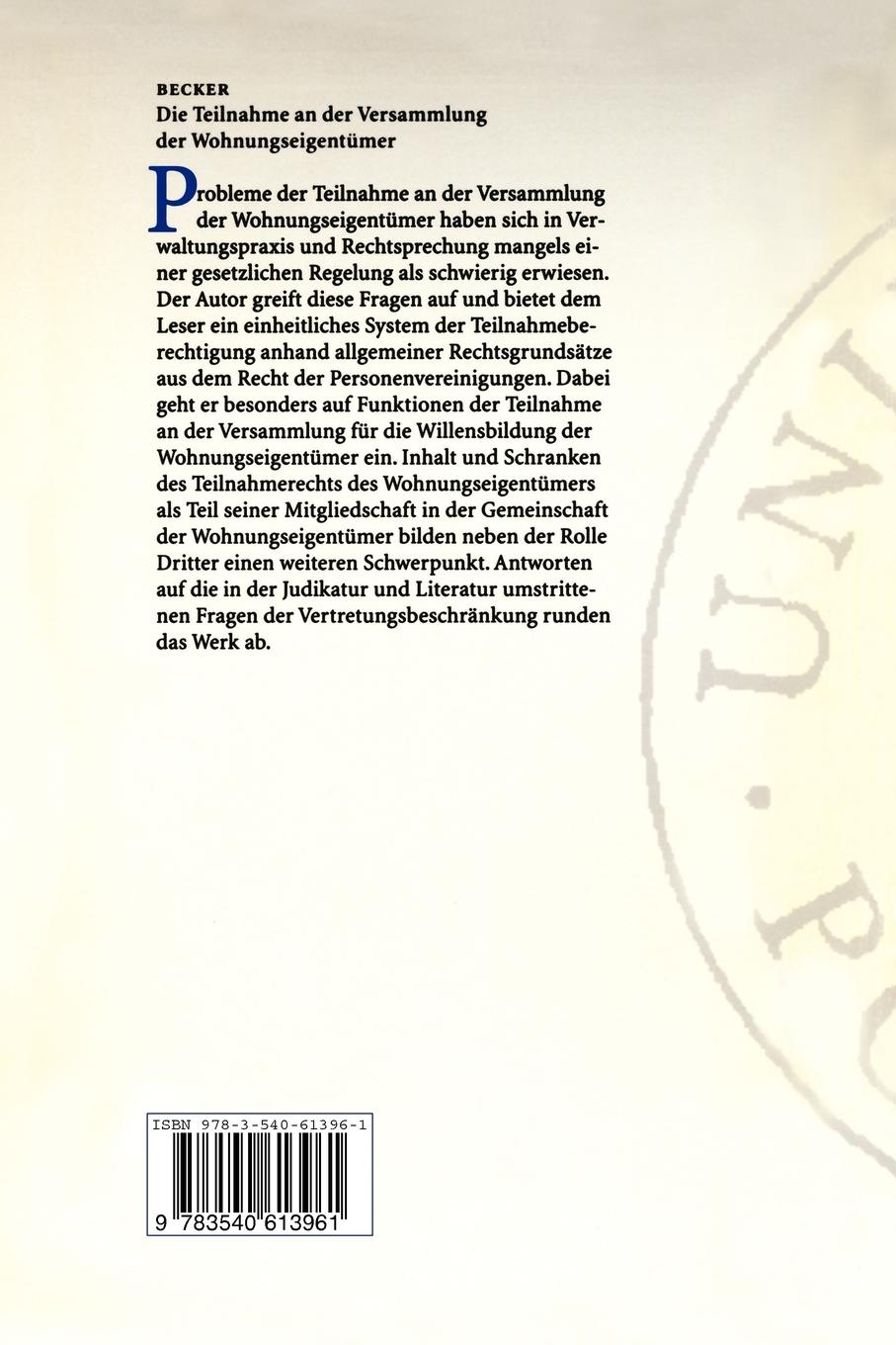 Rückseitencover Die Teilnahme an der Versammlung der Wohnungseigentümer