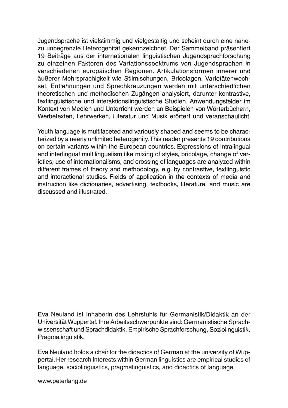 Rückseitencover Jugendsprachen: mehrsprachig - kontrastiv - interkulturell