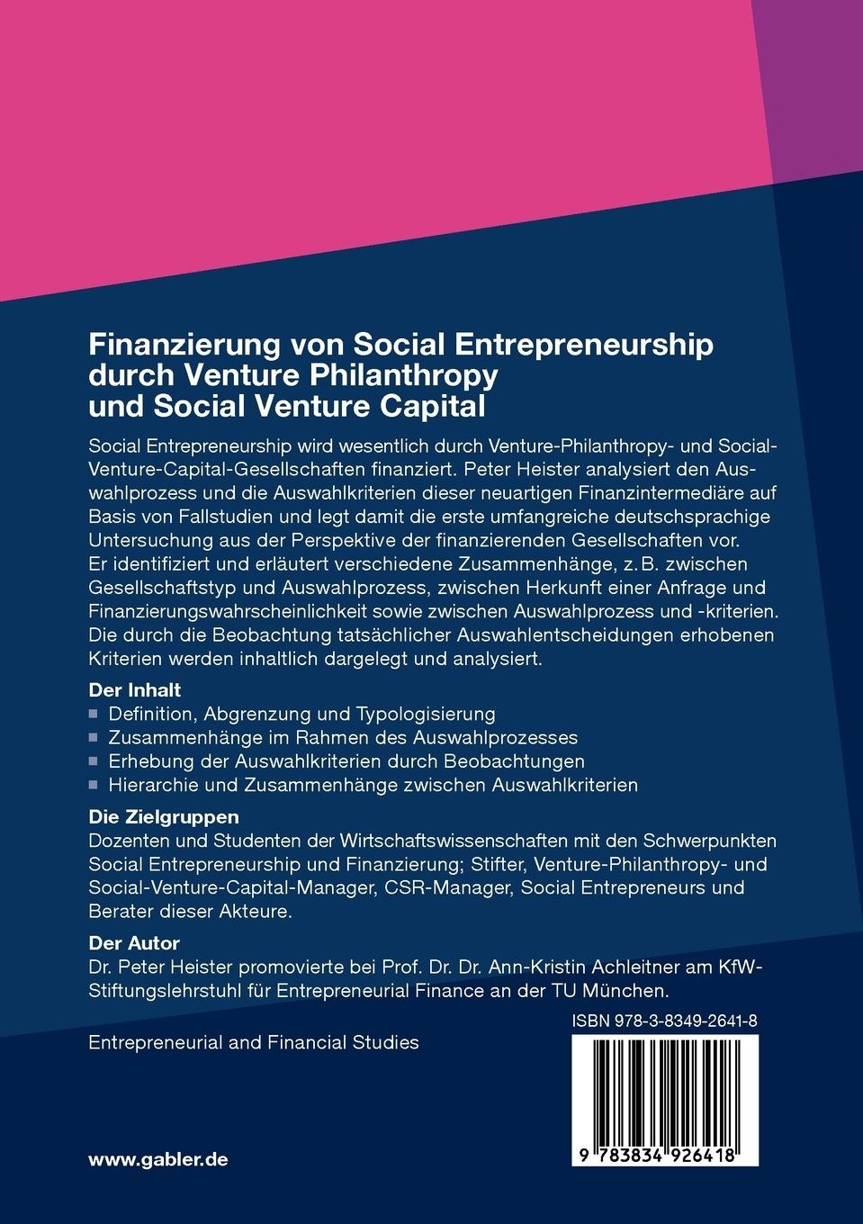 Rückseitencover Finanzierung von Social Entrepreneurship durch Venture Philanthropy und Social Venture Capital