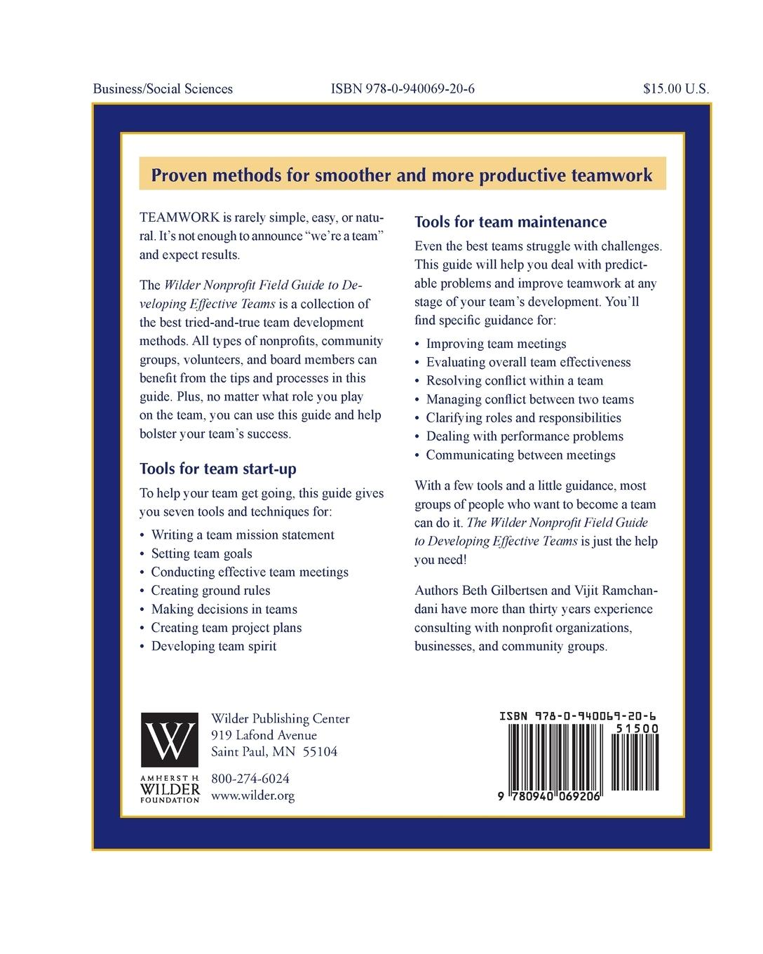 Rückseitencover The Wilder Nonprofit Field Guide to Developing Effective Teams