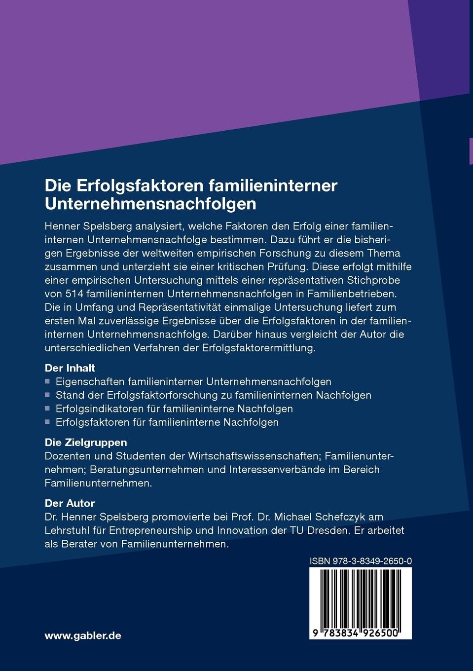 Rückseitencover Die Erfolgsfaktoren familieninterner Unternehmensnachfolgen