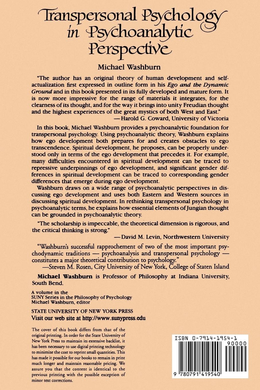 Rückseitencover Transpersonal Psychology in Psychoanalytic Perspective