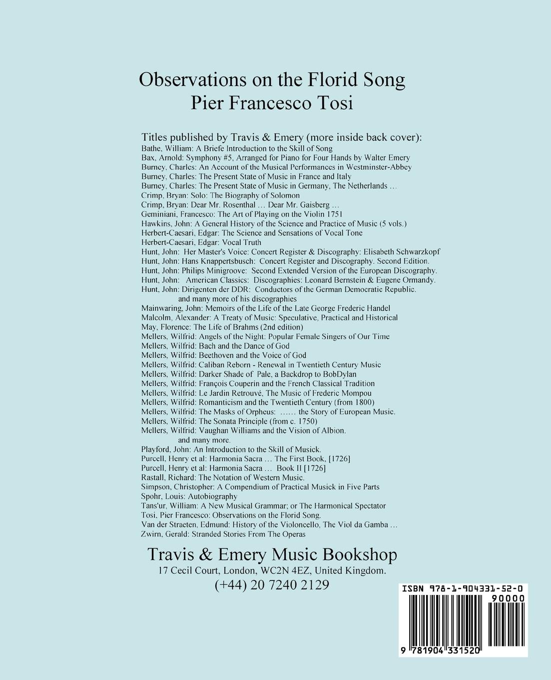 Rückseitencover Observations on the Florid Song. (Facsimile of 1743 English Edition. Printing Two Up).