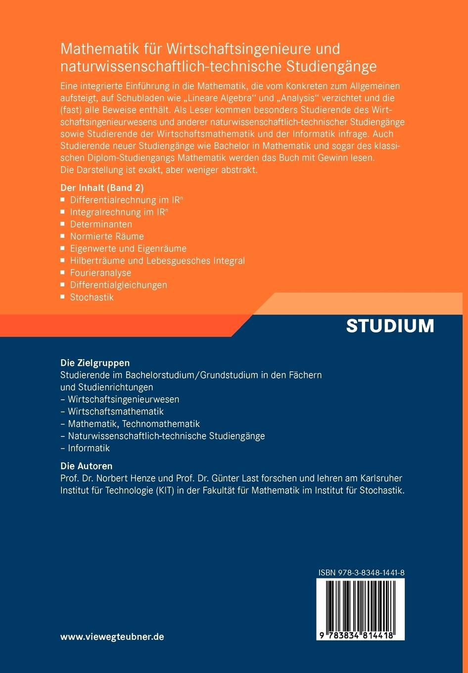 Rückseitencover Mathematik für Wirtschaftsingenieure und naturwissenschaftlich-technische Studieng?e