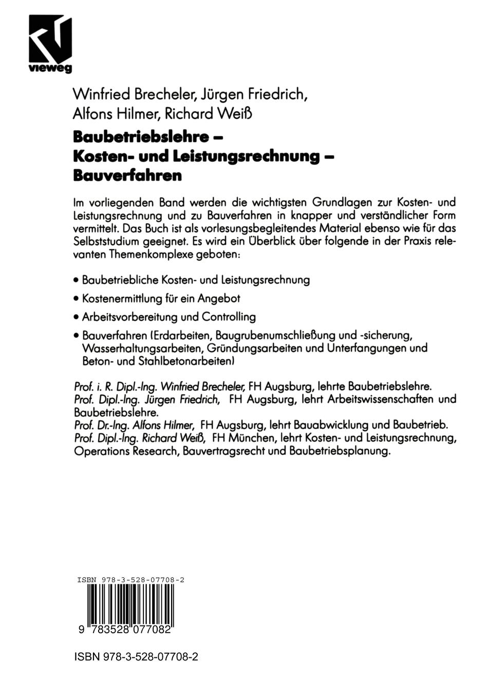 Rückseitencover Baubetriebslehre - Kosten- und Leistungsrechnung - Bauverfahren