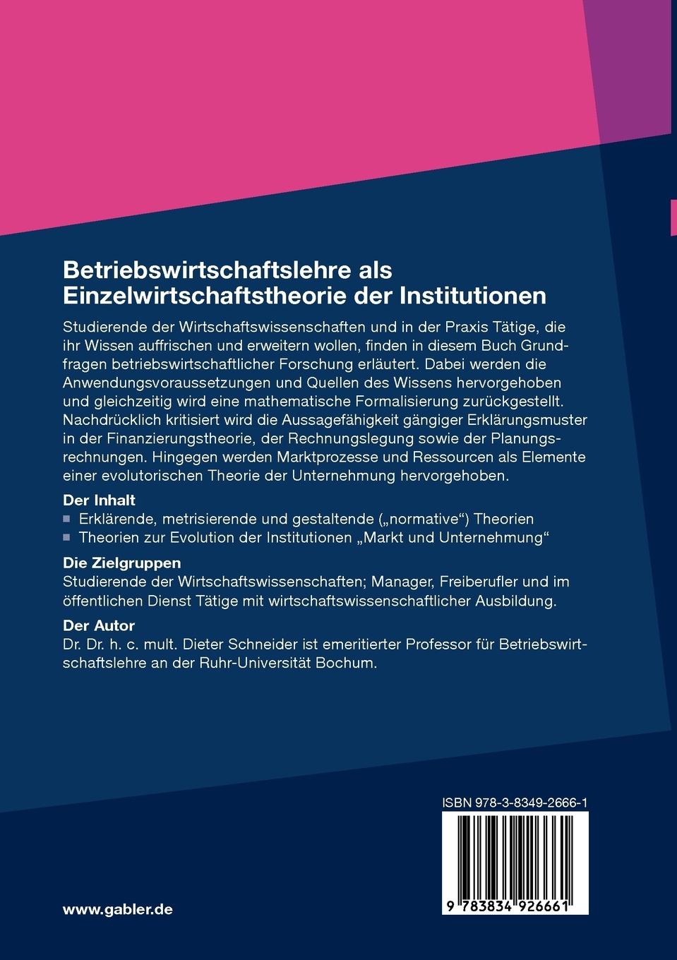 Rückseitencover Betriebswirtschaftslehre als Einzelwirtschaftstheorie der Institutionen