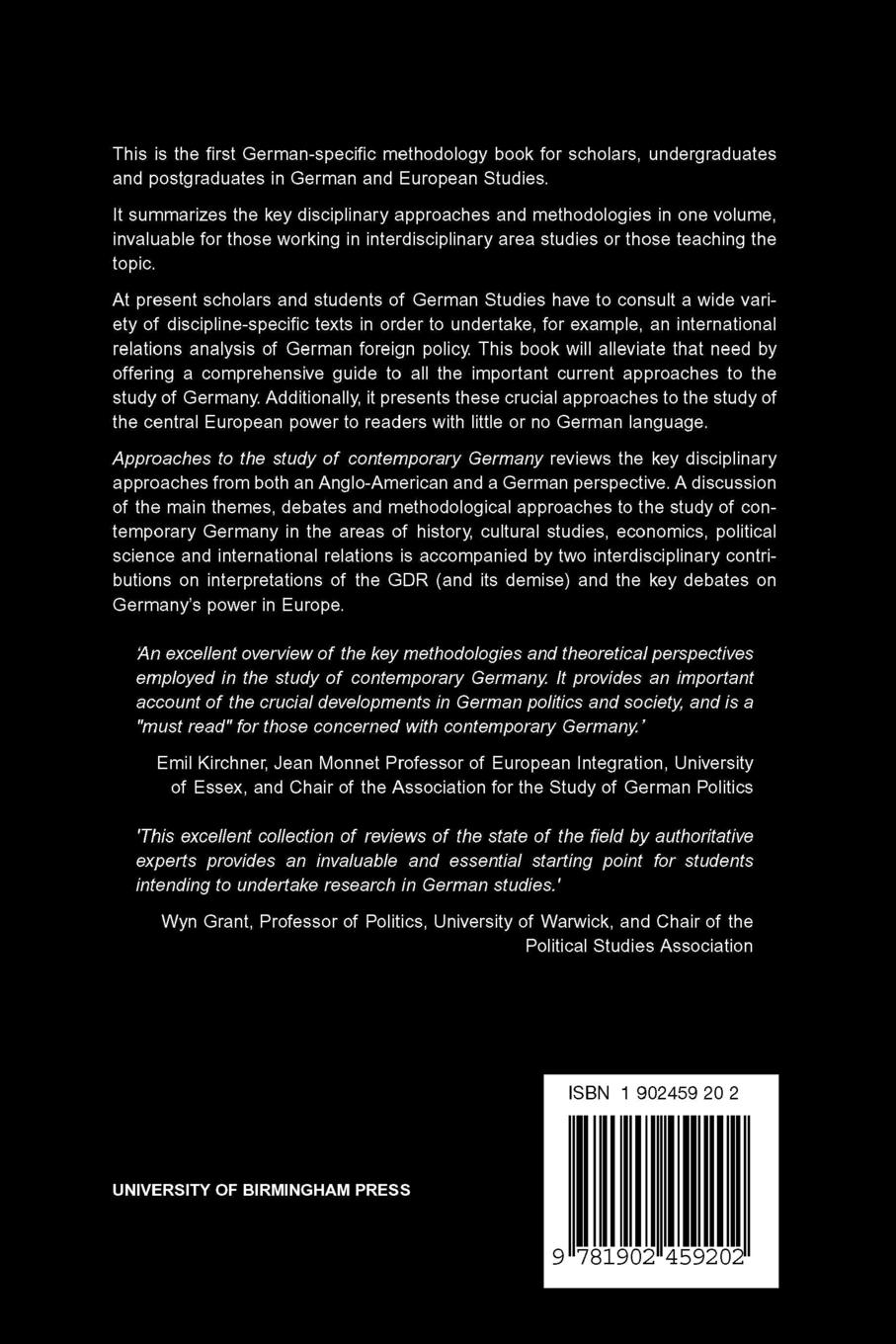 Rückseitencover Approaches to the Study of Contemporary Germany