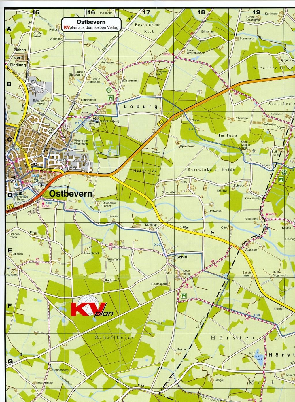 Beispielinhalt (Bild) Warendorf, KVplan, Radkarte/Reiterkarte/Wanderkarte/Stadtplan, 1:25.000 / 1:12.500 / 1:5.000