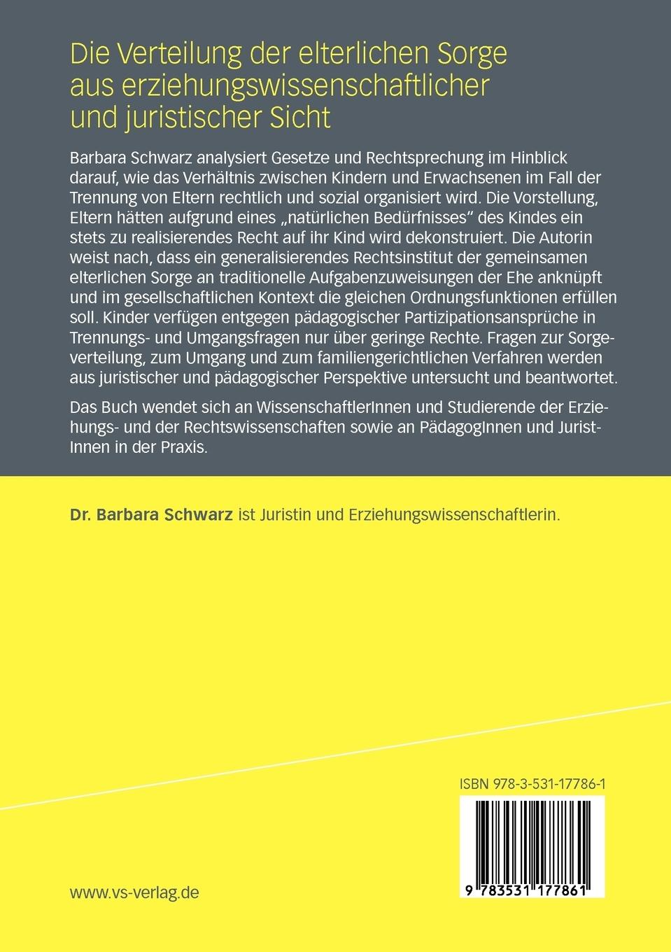 Rückseitencover Die Verteilung der elterlichen Sorge aus erziehungswissenschaftlicher und juristischer Sicht