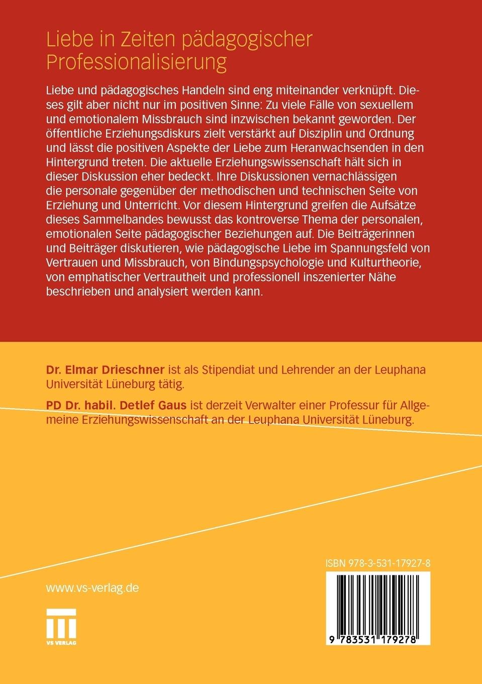 Rückseitencover Liebe in Zeiten pädagogischer Professionalisierung
