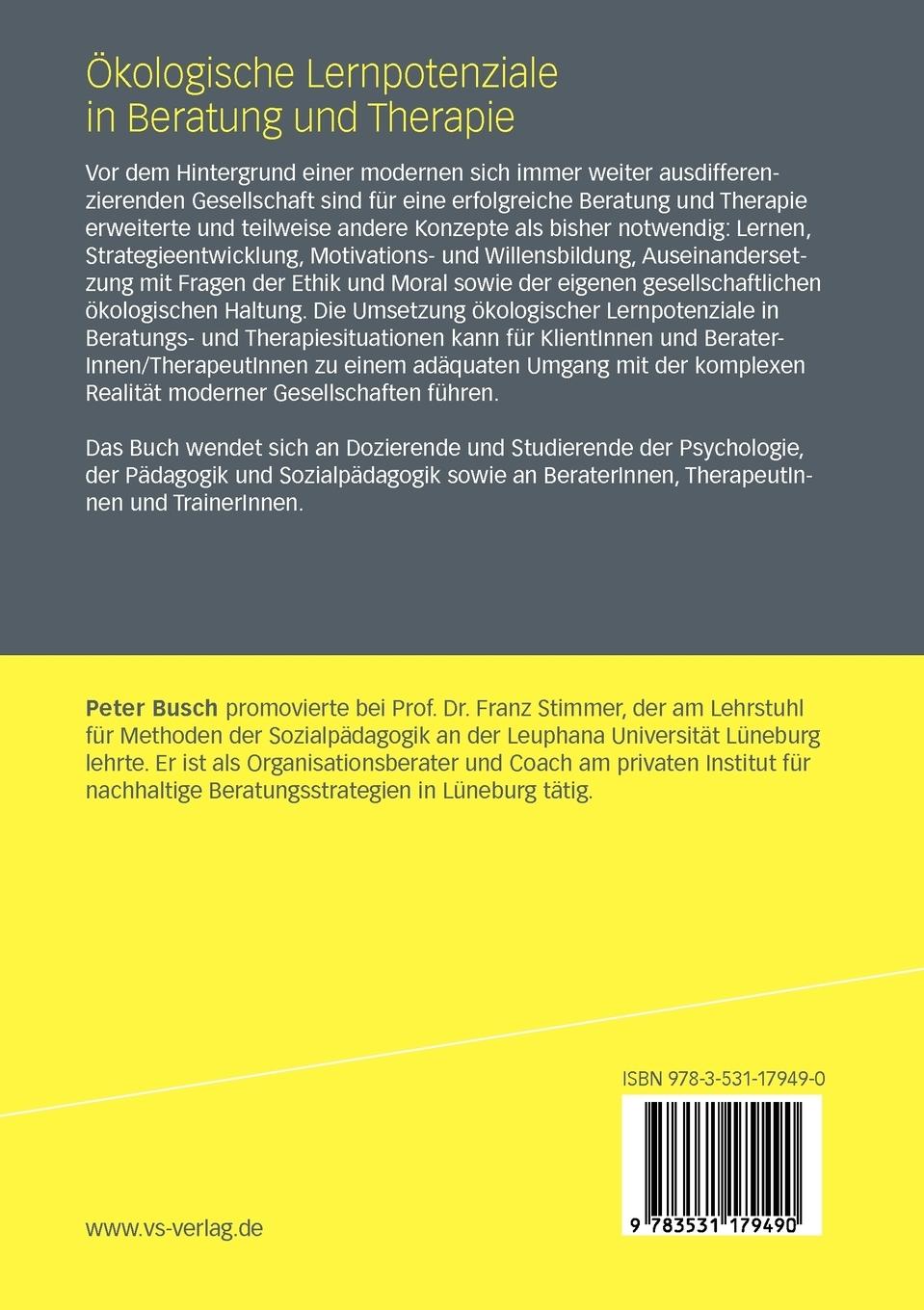 Rückseitencover Ökologische Lernpotenziale in Beratung und Therapie