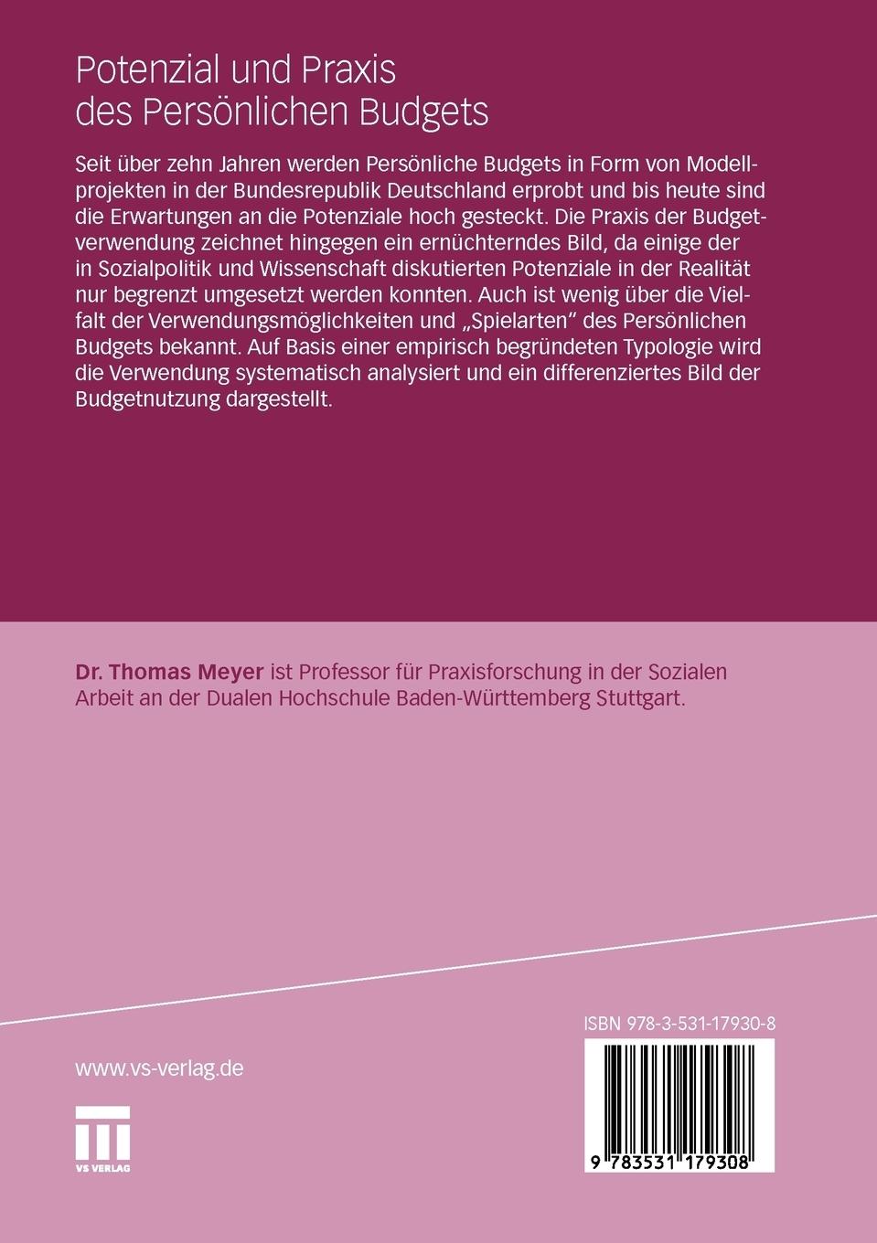 Rückseitencover Potenzial und Praxis des Persönlichen Budgets