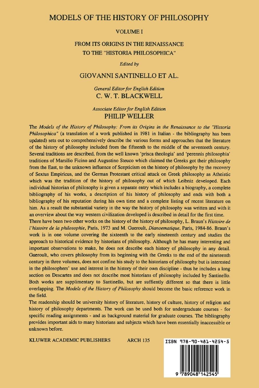 Rückseitencover Models of the History of Philosophy: From its Origins in the Renaissance to the 'Historia Philosophica'