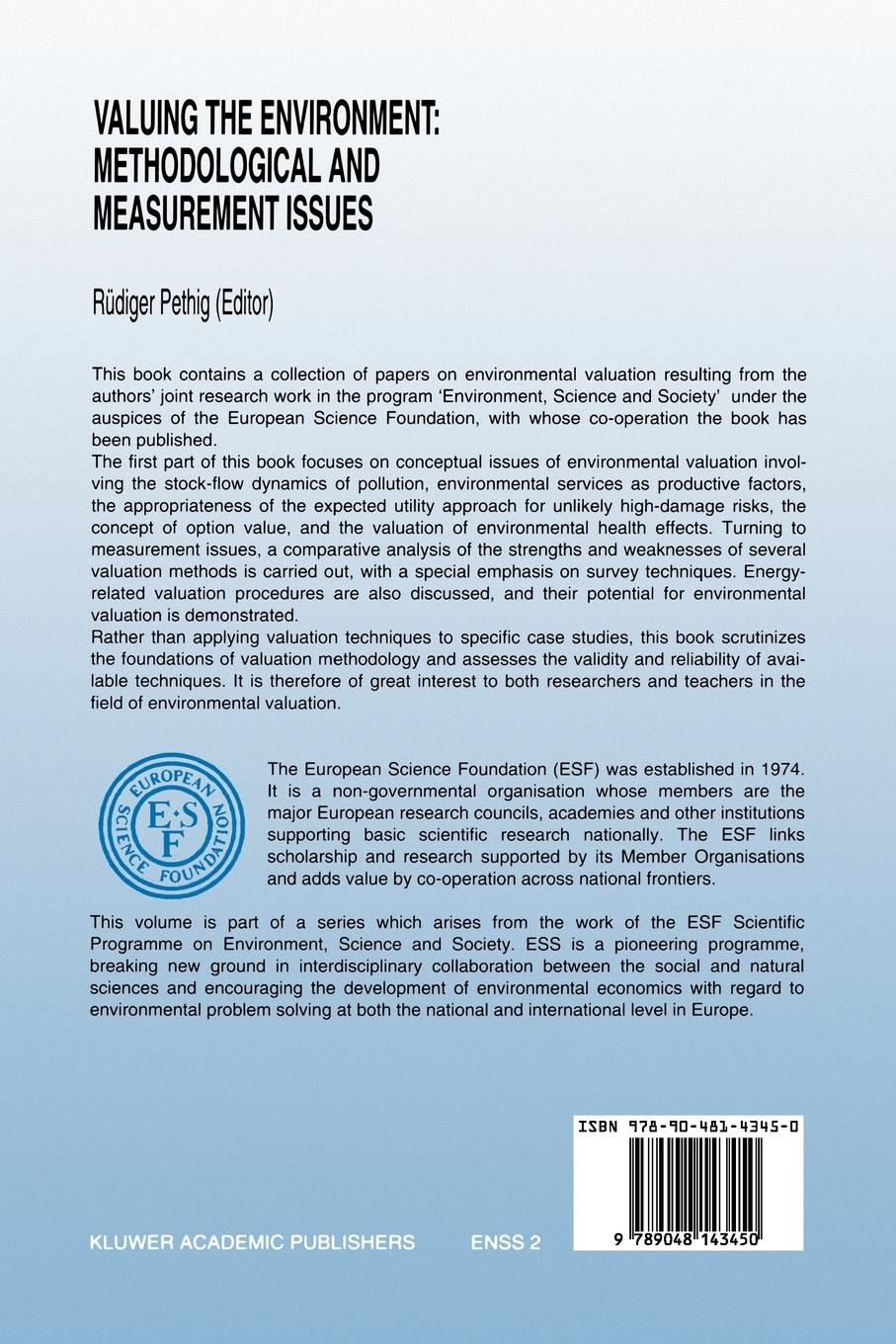 Rückseitencover Valuing the Environment: Methodological and Measurement Issues