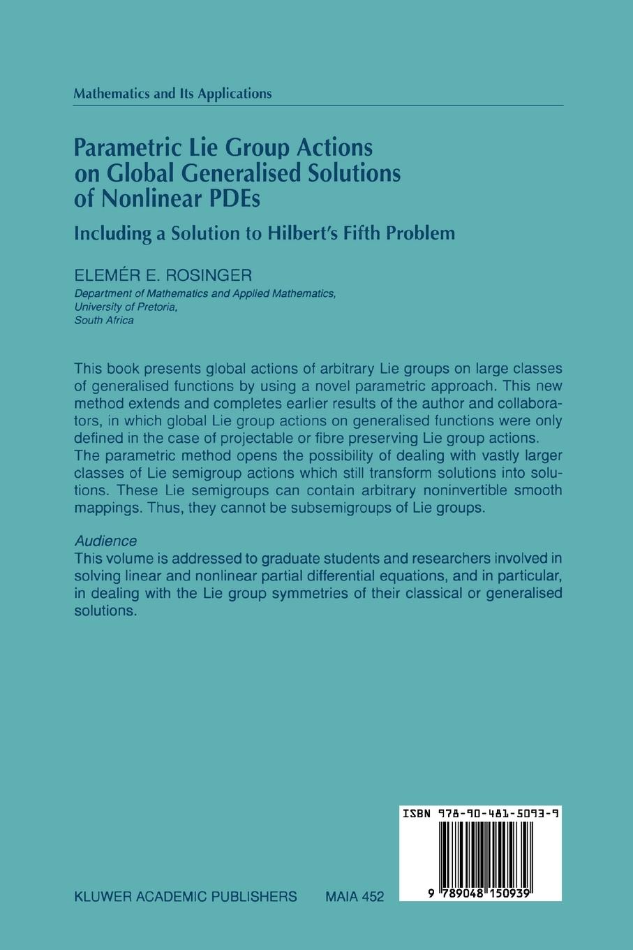 Rückseitencover Parametric Lie Group Actions on Global Generalised Solutions of Nonlinear PDEs