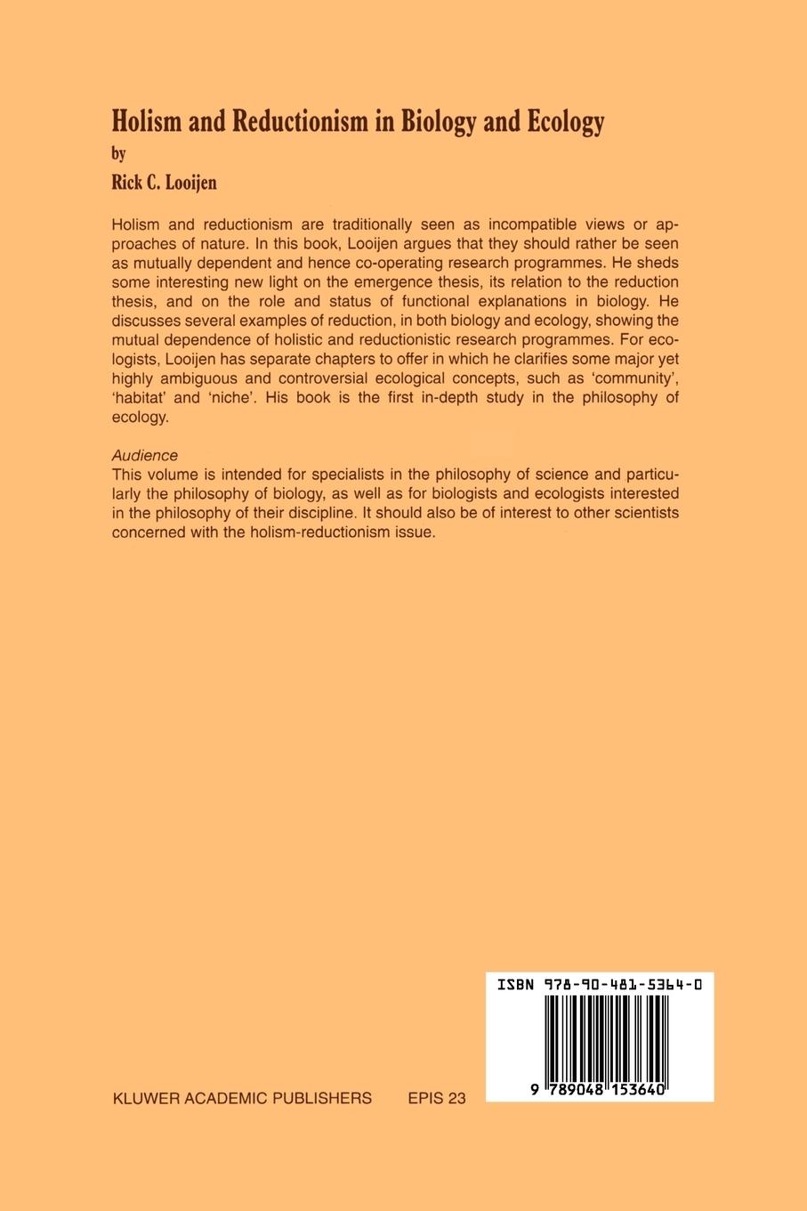 Rückseitencover Holism and Reductionism in Biology and Ecology