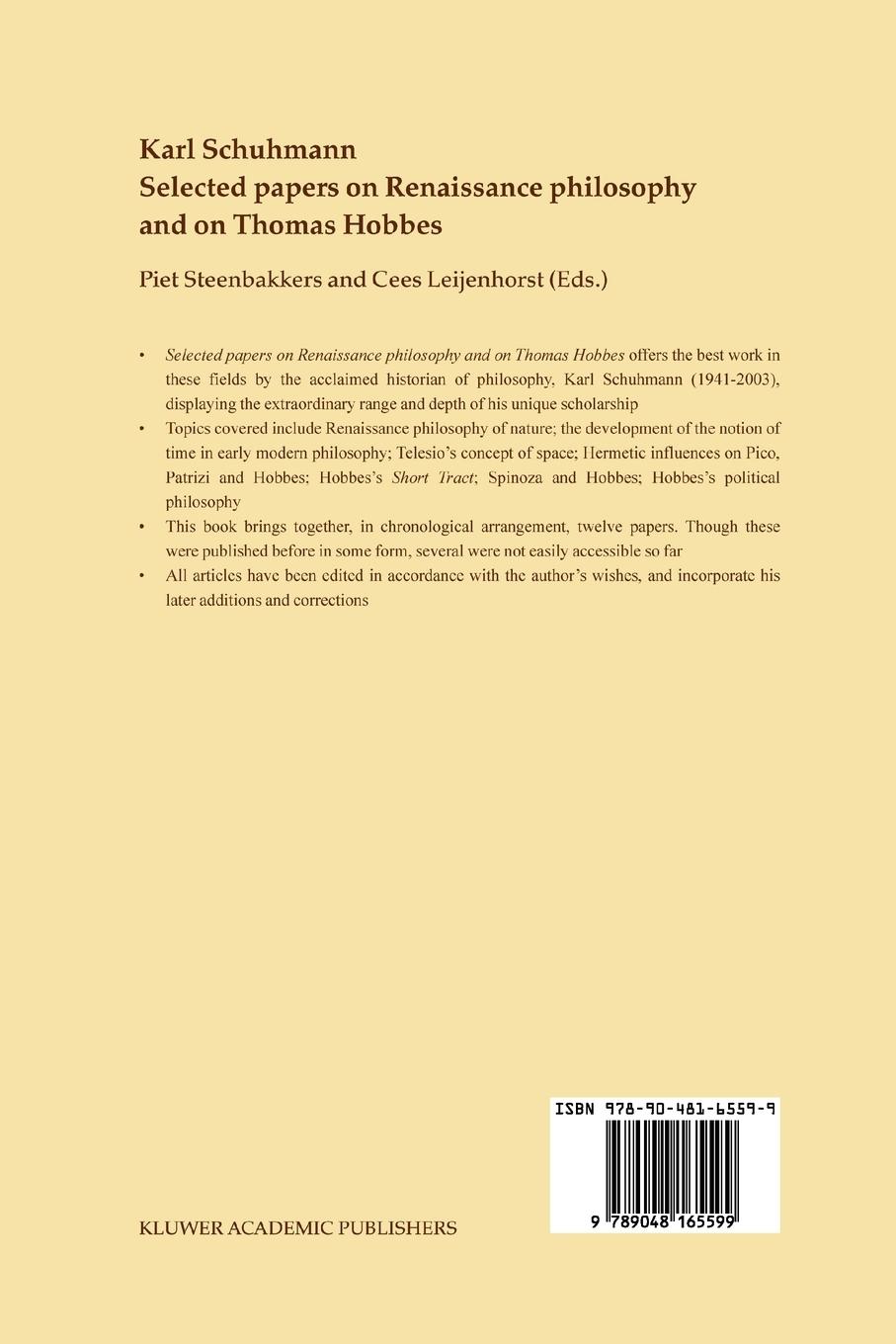 Rückseitencover Selected papers on Renaissance philosophy and on Thomas Hobbes