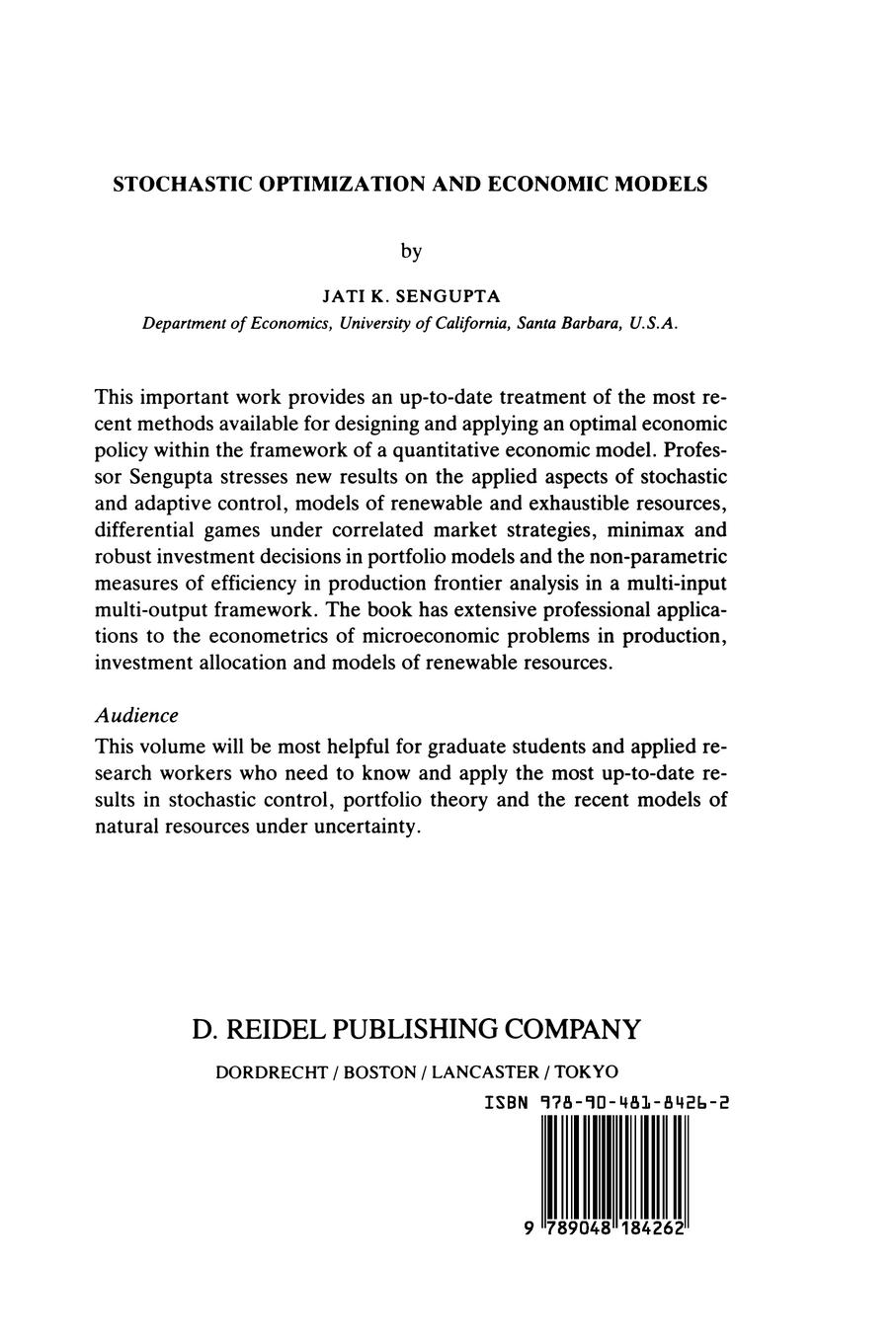 Rückseitencover Stochastic Optimization and Economic Models