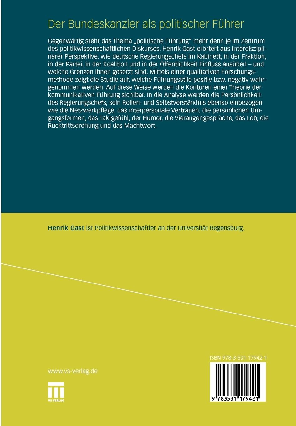 Rückseitencover Der Bundeskanzler als politischer Führer
