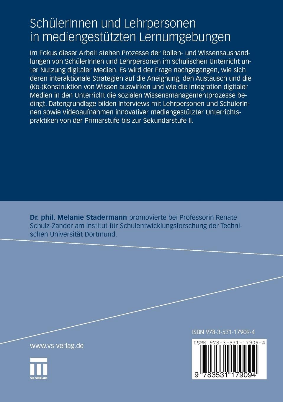 Rückseitencover SchülerInnen und Lehrpersonen in mediengestützten Lernumgebungen
