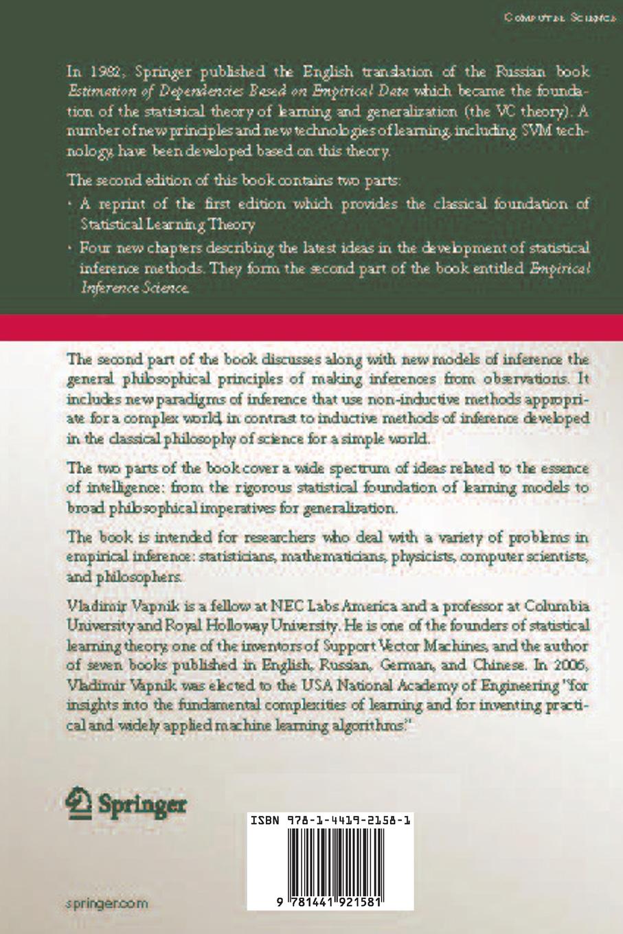 Rückseitencover Estimation of Dependences Based on Empirical Data