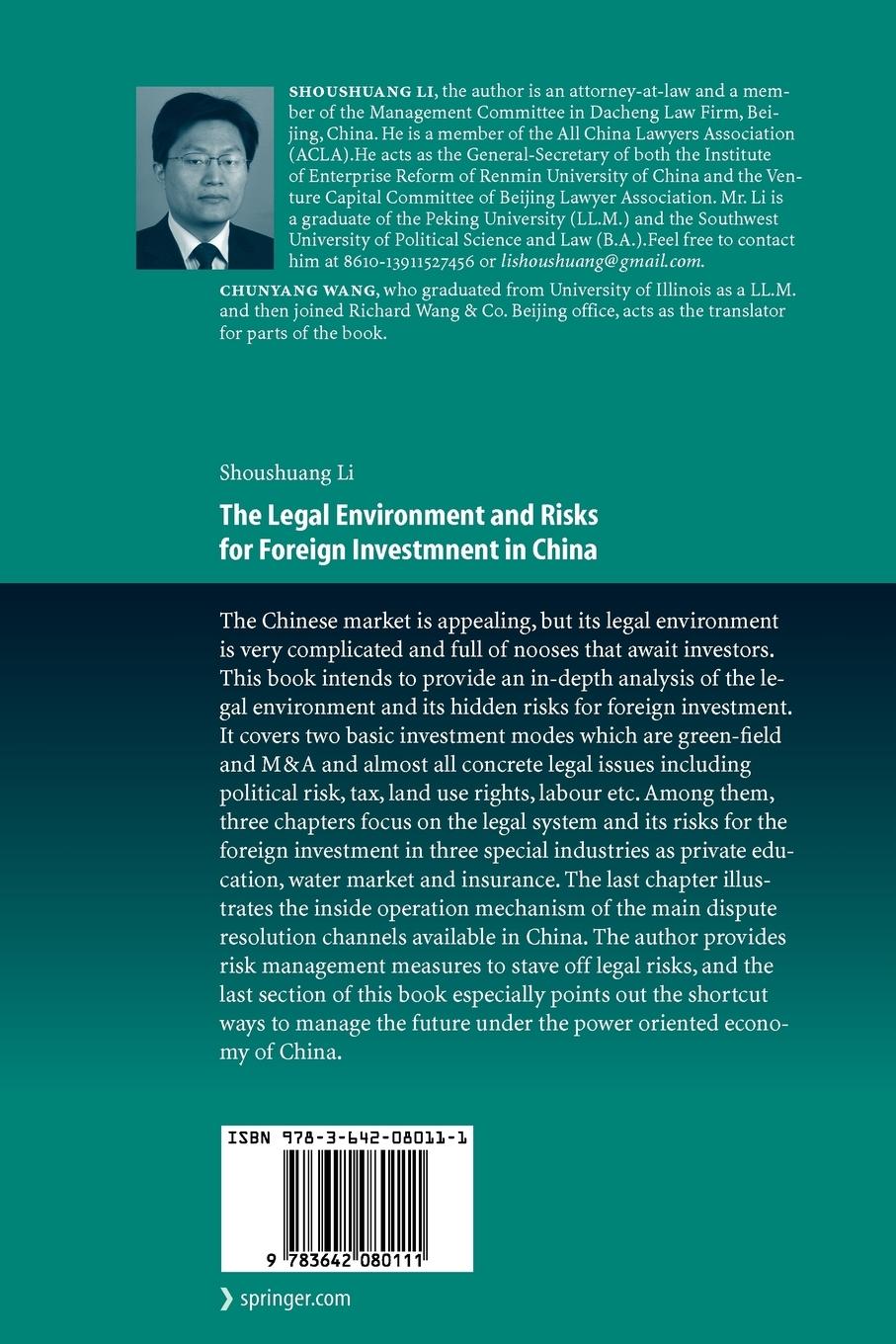 Rückseitencover The Legal Environment and Risks for Foreign Investment in China