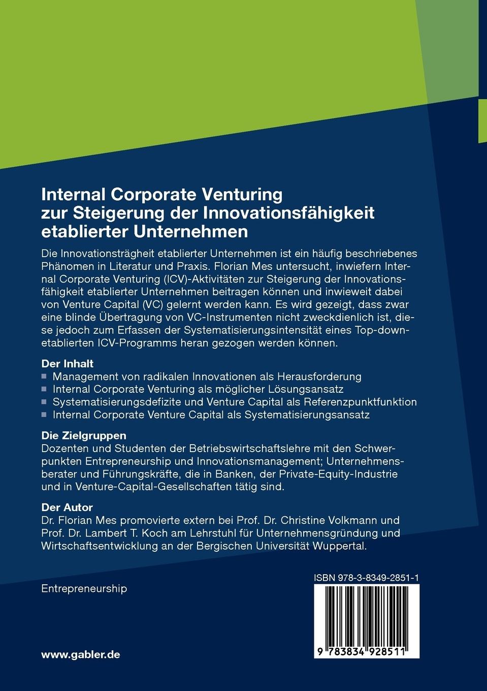 Rückseitencover Internal Corporate Venturing zur Steigerung der Innovationsfähigkeit etablierter Unternehmen