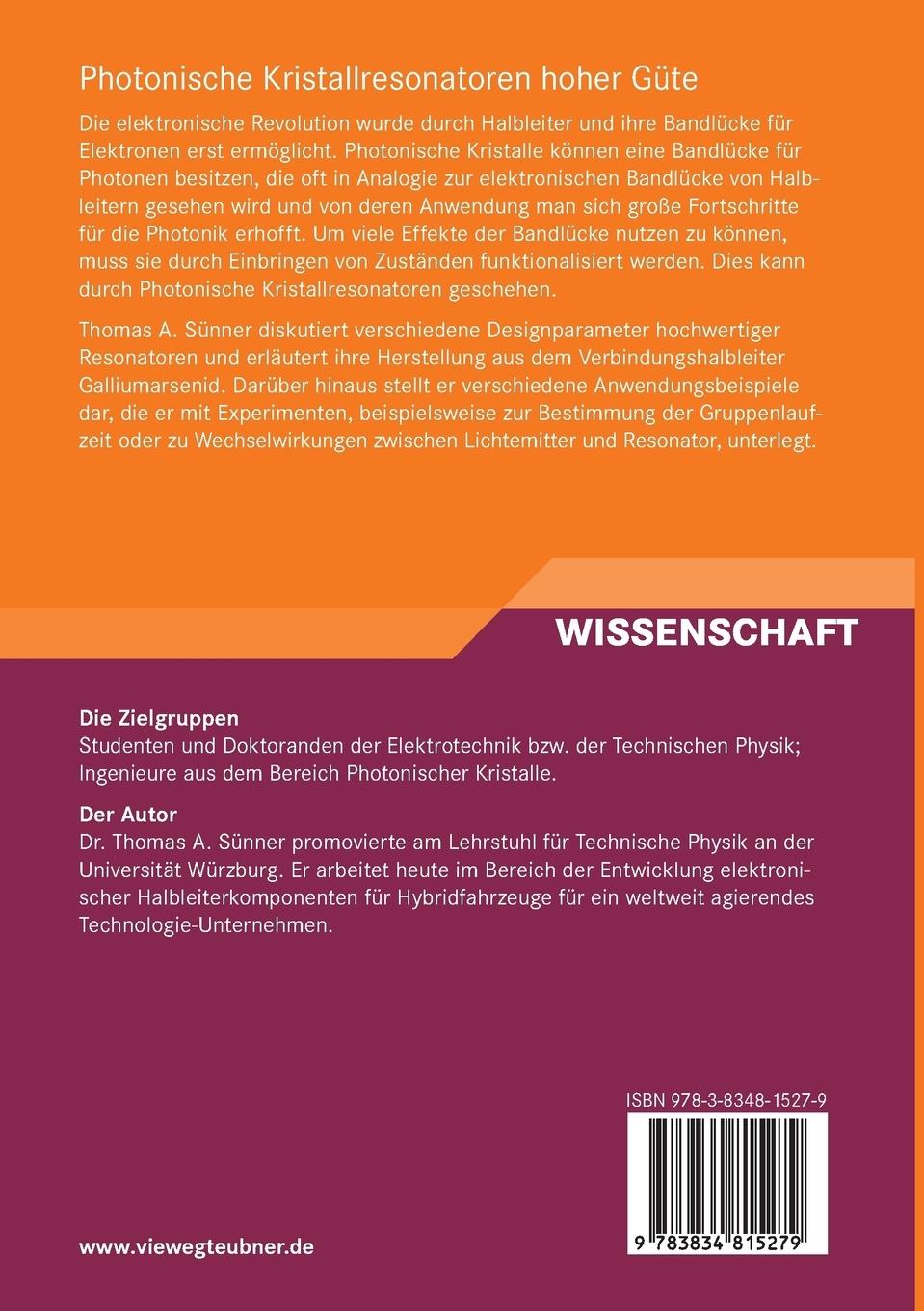 Rückseitencover Photonische Kristallresonatoren hoher Güte