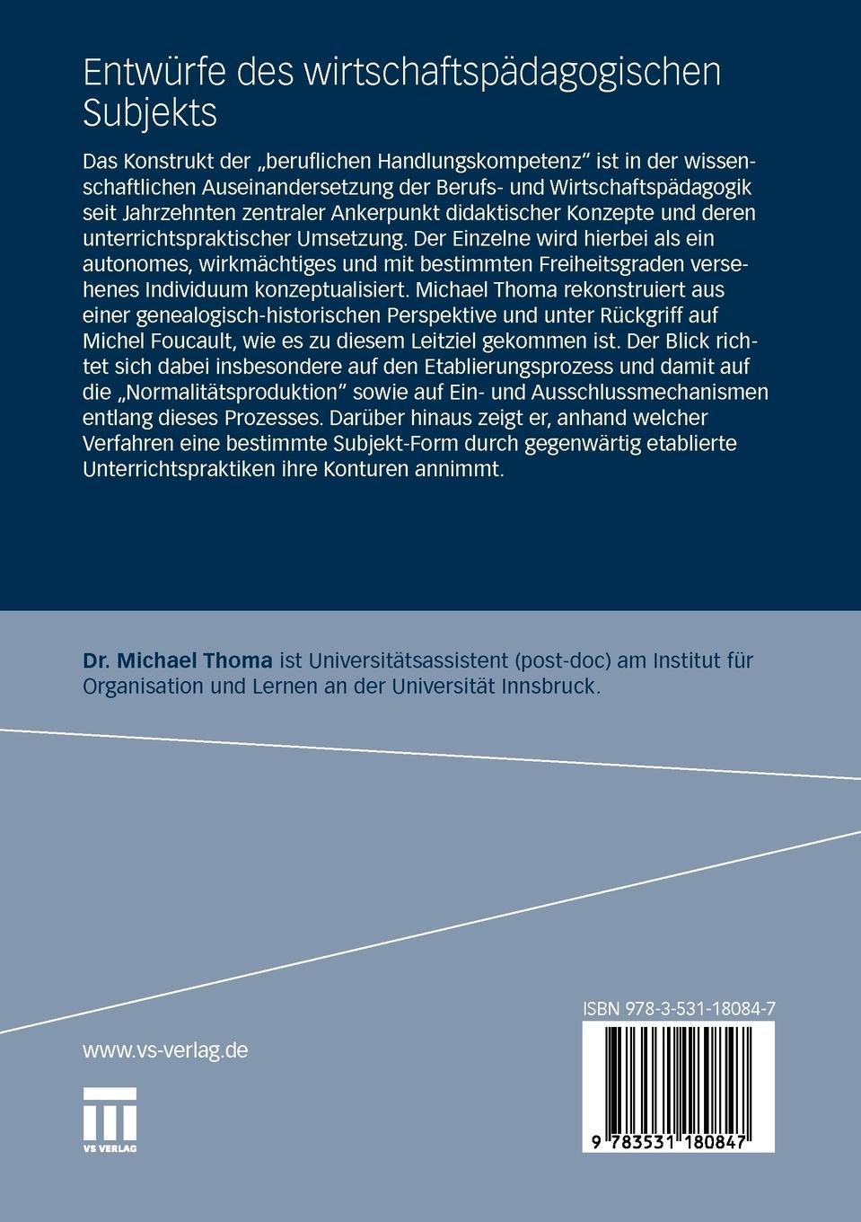 Rückseitencover Entwürfe des wirtschaftspädagogischen Subjekts