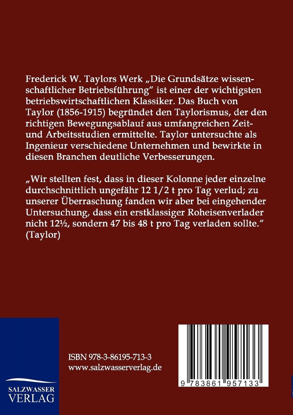 Rückseitencover Die Grundsätze wissenschaftlicher Betriebsführung