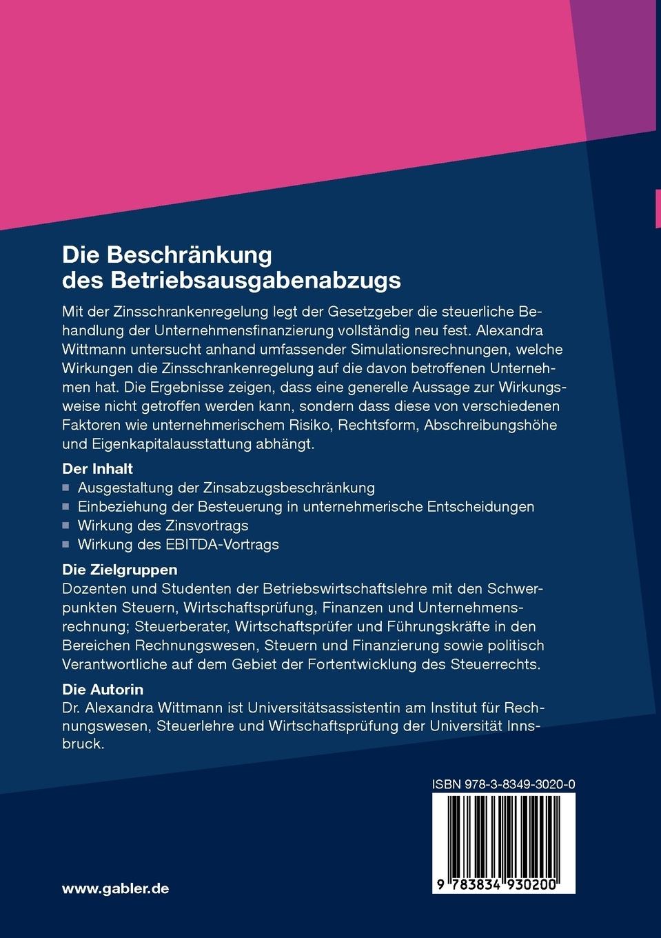 Rückseitencover Die Beschränkung des Betriebsausgabenabzugs