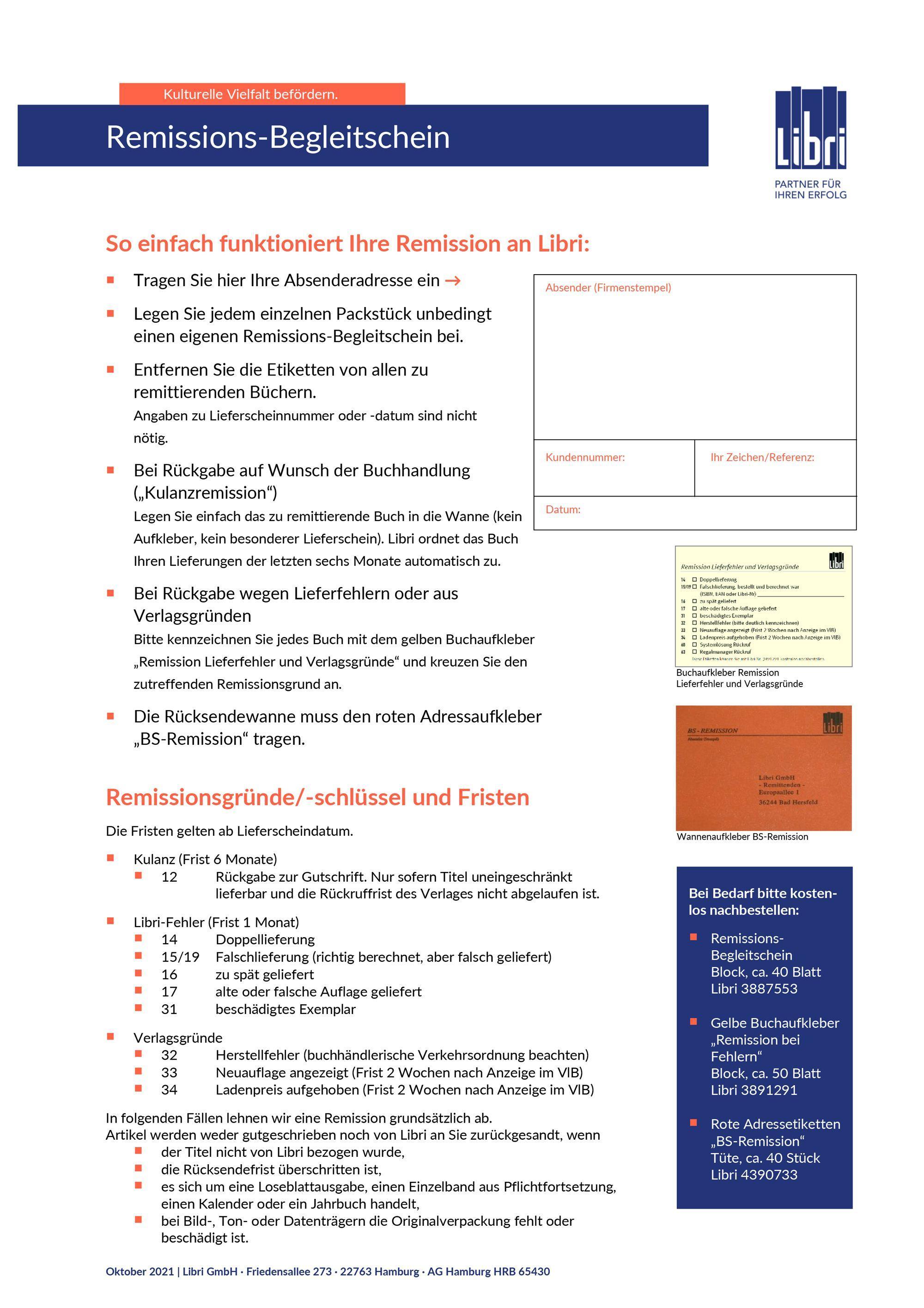 Vorderes Coverbild Kundenremission / Remissionsbegleitschein 40 Blatt