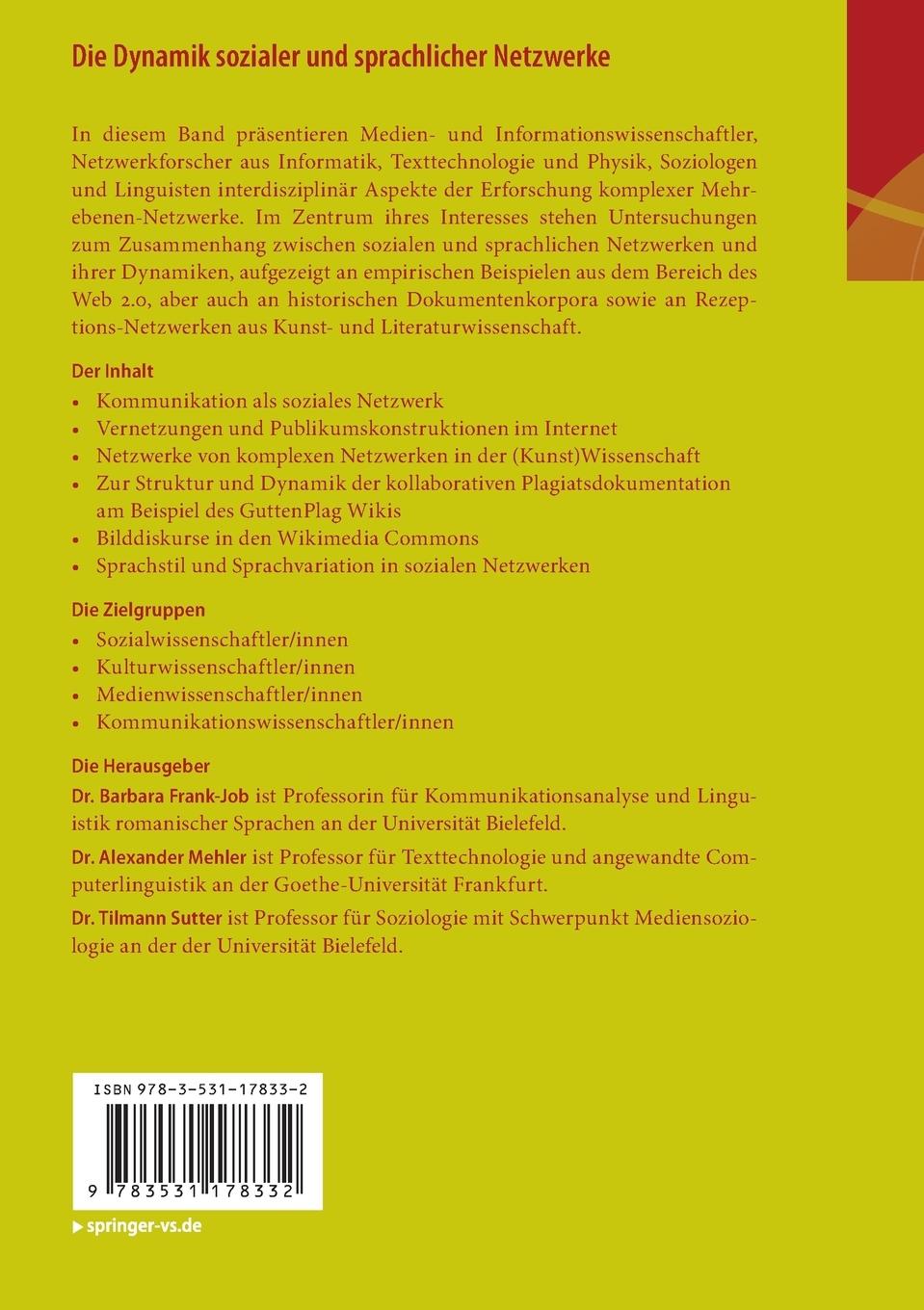 Rückseitencover Die Dynamik sozialer und sprachlicher Netzwerke