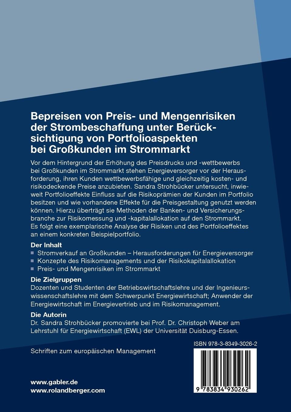 Rückseitencover Bepreisen von Preis- und Mengenrisiken der Strombeschaffung unter Berücksichtigung von Portfolioaspekten bei Großkunden im Strommarkt