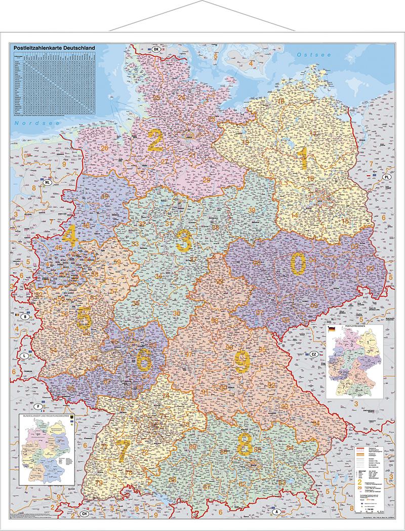 Vorderes Coverbild Postleitzahlen-Karte Deutschland 1 : 750 000. Wandkarte Grossformat mit Metallstäben