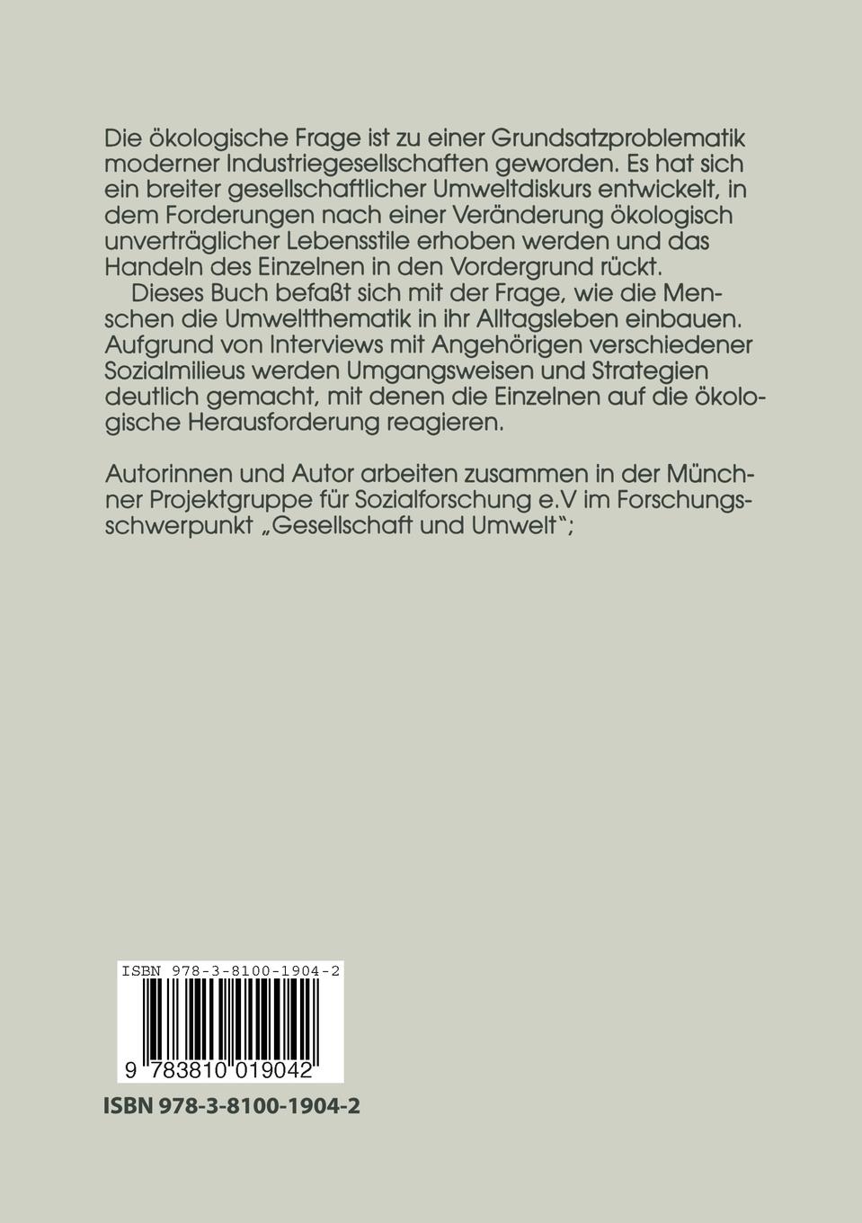 Rückseitencover Umweltbewußtsein und Alltagshandeln