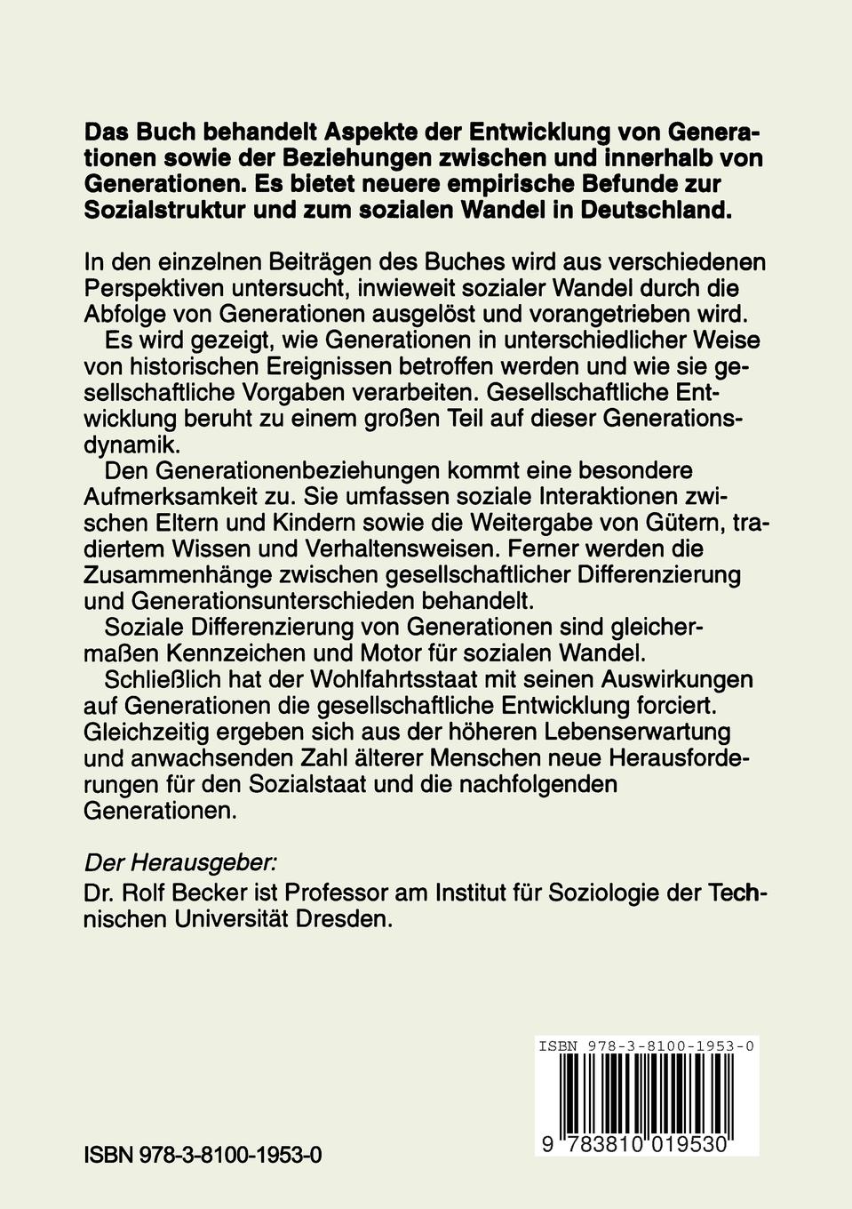 Rückseitencover Generationen und sozialer Wandel