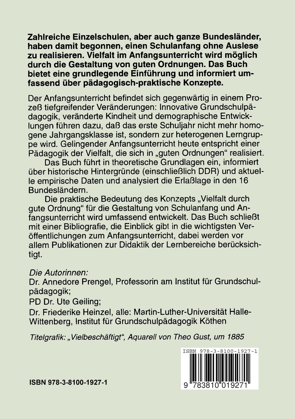 Rückseitencover Vielfalt durch gute Ordnung im Anfangsunterricht