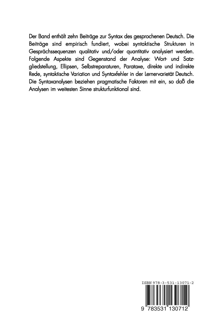 Rückseitencover Syntax des gesprochenen Deutsch