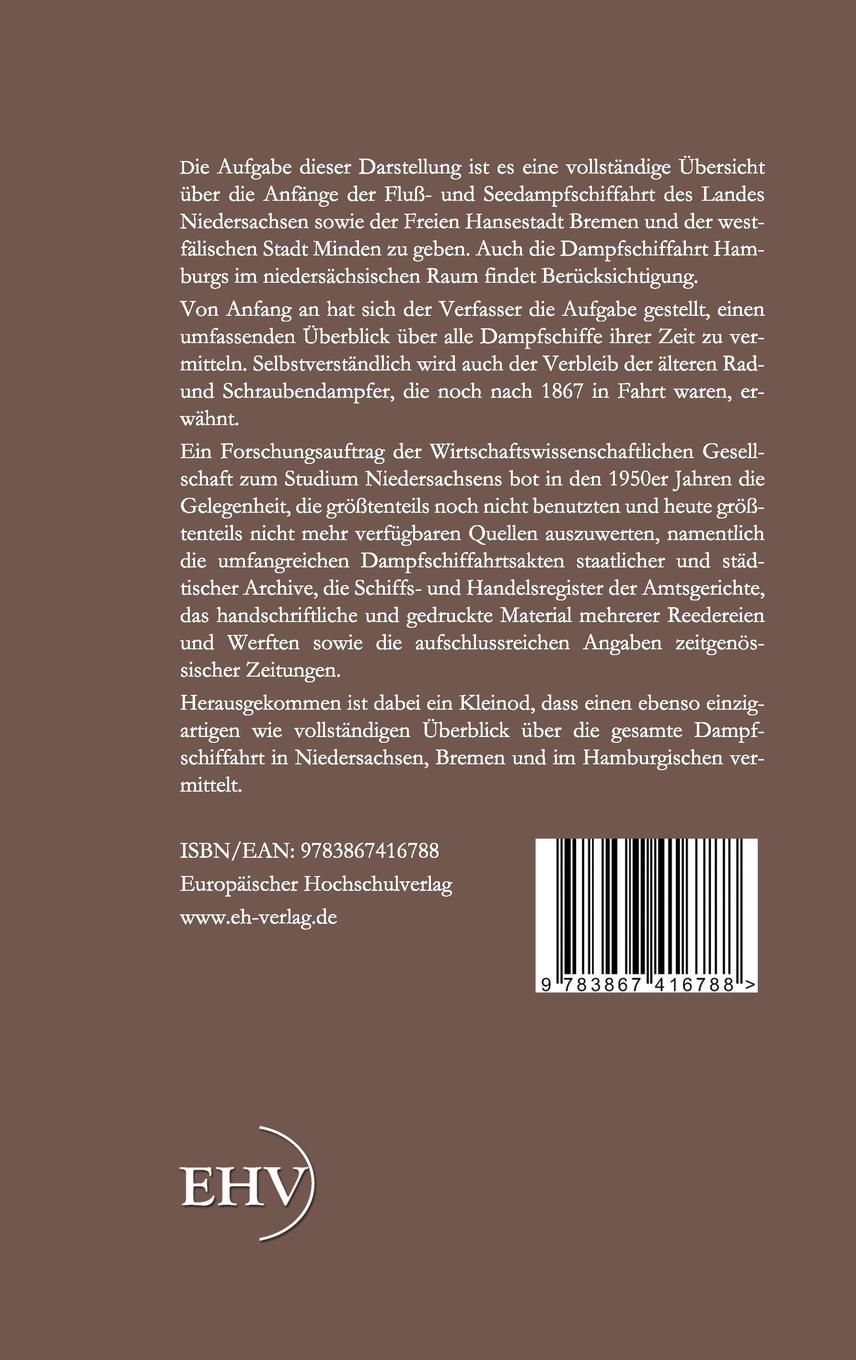 Rückseitencover Die Dampfschiffahrt in Niedersachsen und in den angrenzenden Gebieten von 1817 bis 1867
