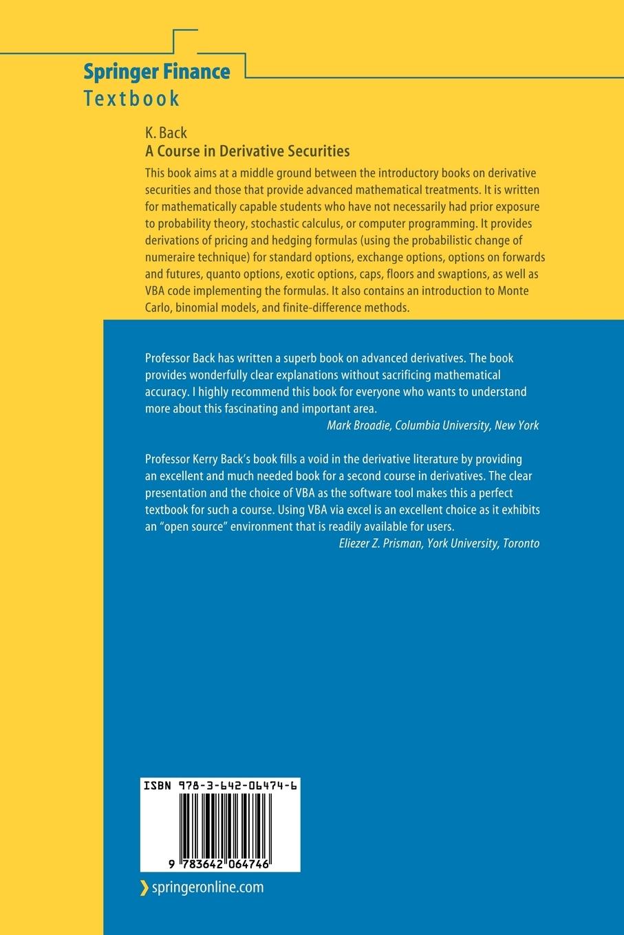 Rückseitencover A Course in Derivative Securities