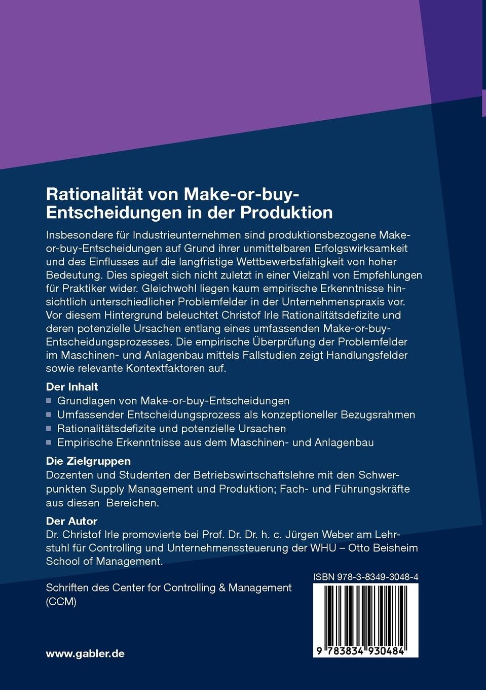 Rückseitencover Rationalität von Make-or-buy-Entscheidungen in der Produktion