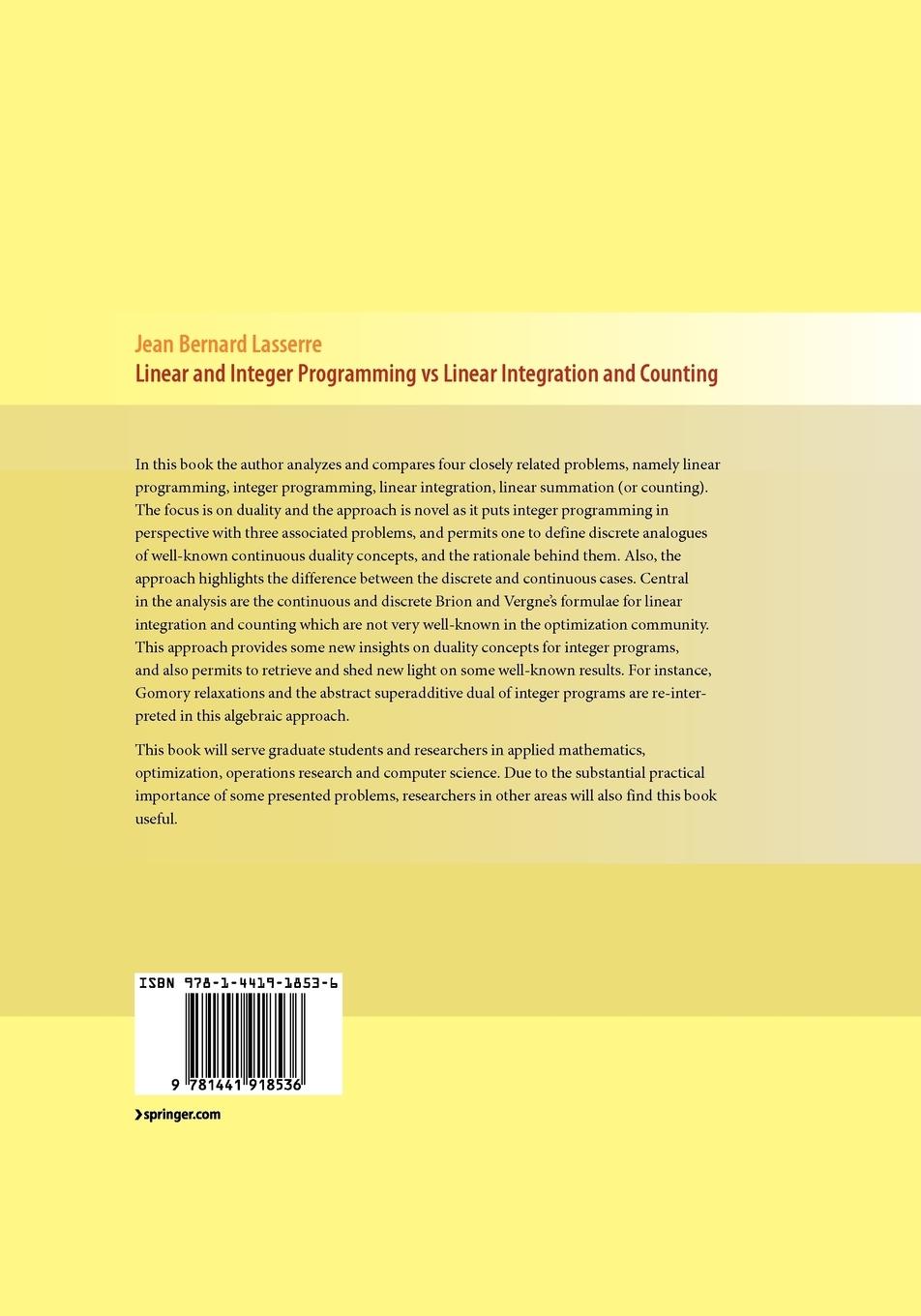 Rückseitencover Linear and Integer Programming vs Linear Integration and Counting