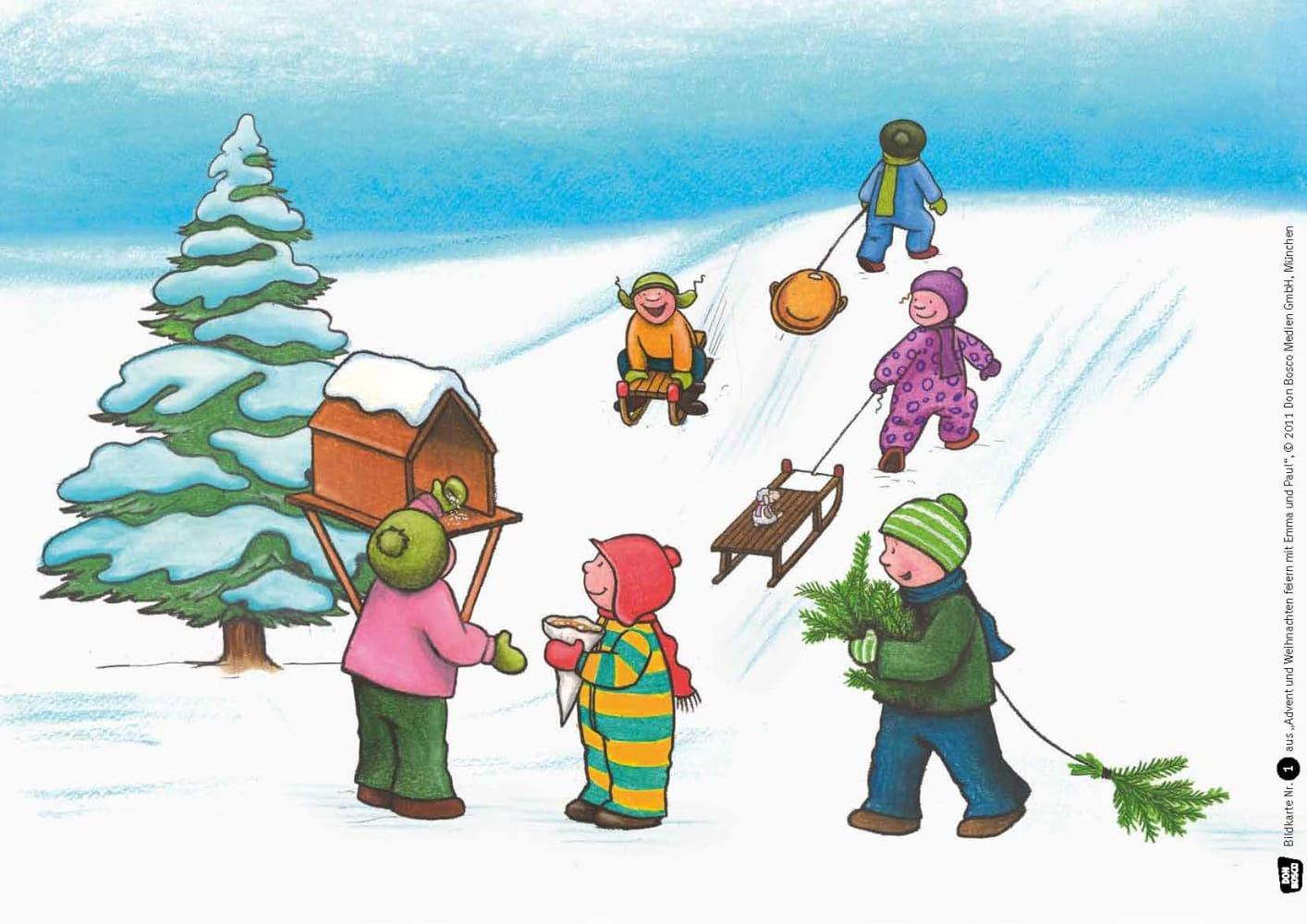 Beispielinhalt (Bild) Advent und Weihnachten feiern mit Emma und Paul. Kamishibai Bildkartenset