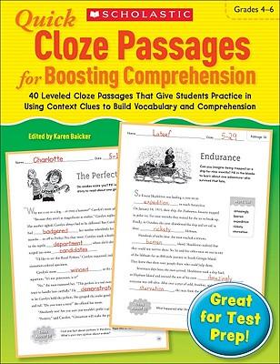 Vorderes Coverbild Quick Cloze Passages for Boosting Comprehension: Grades 4-6: 40 Leveled Cloze Passages That Give Students Practice in Using Context Clues to Build Voc