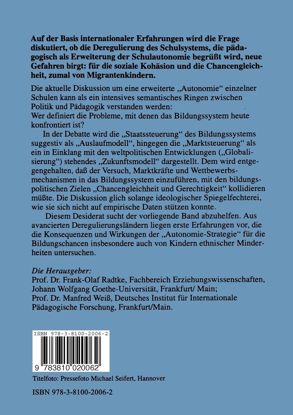 Rückseitencover Schulautonomie, Wohlfahrtsstaat und Chancengleichheit