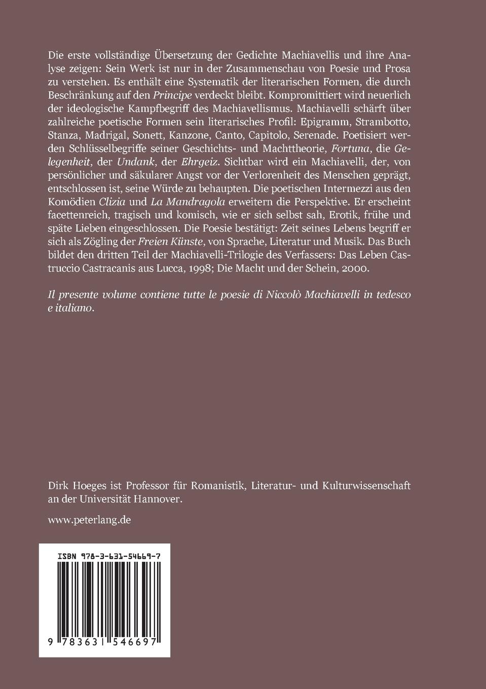 Rückseitencover Niccolò Machiavelli. Dichter - Poeta