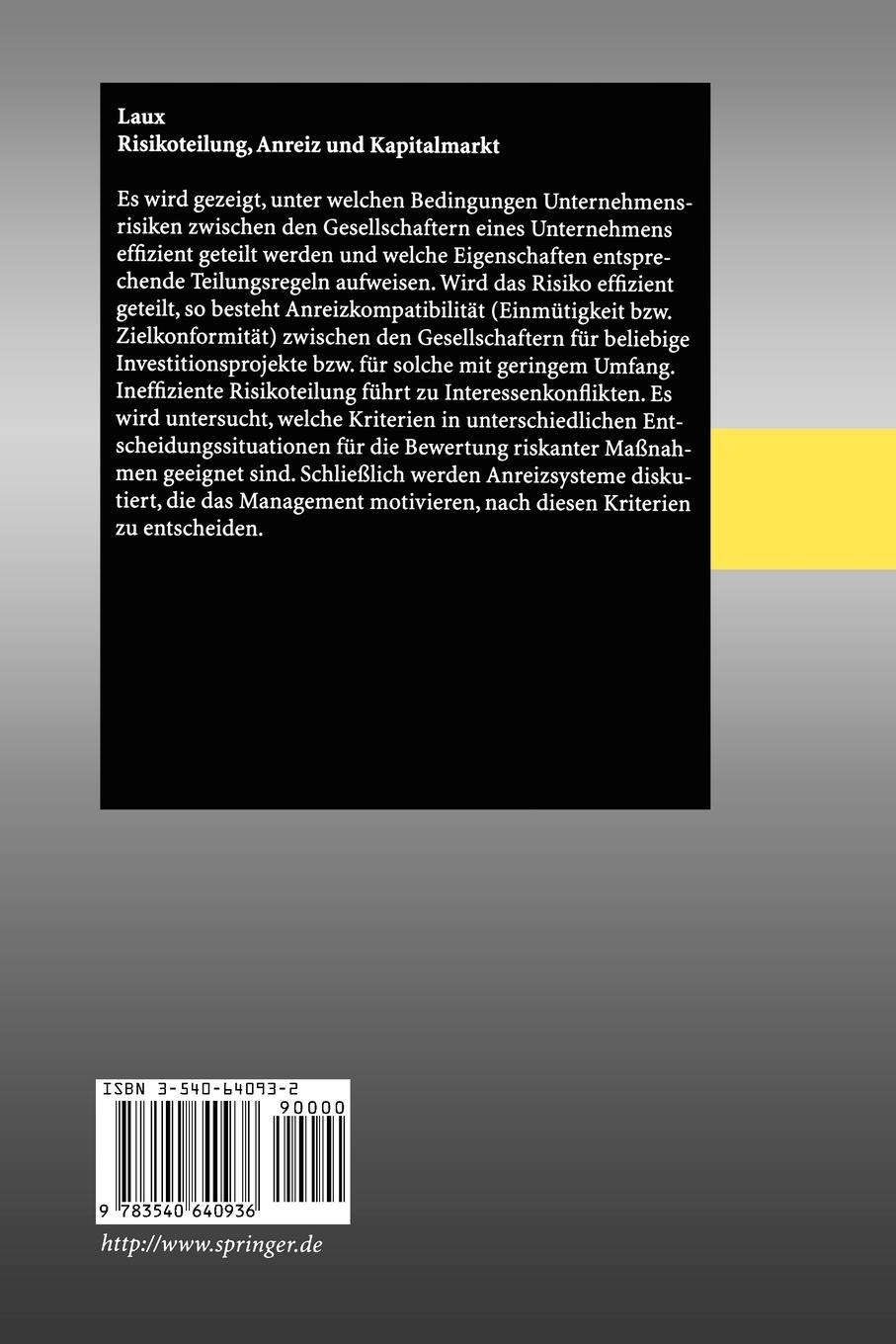 Rückseitencover Risikoteilung, Anreiz und Kapitalmarkt
