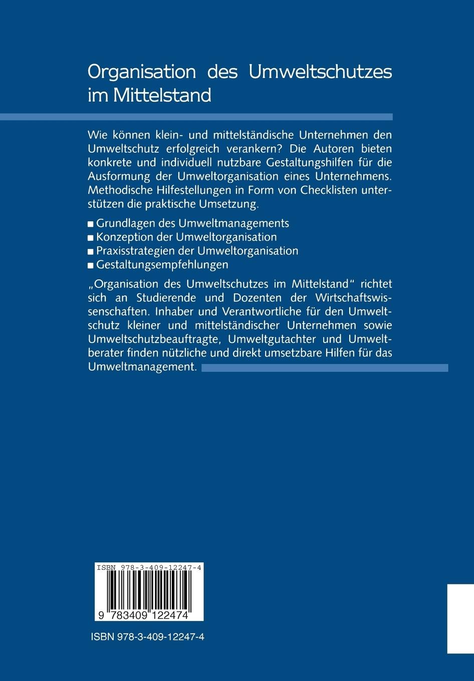 Rückseitencover Organisation des Umweltschutzes im Mittelstand